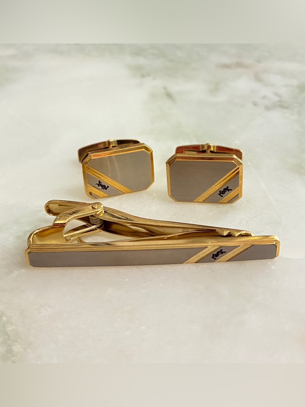 YSL Vintage Cuff Links & Tie Clip Set